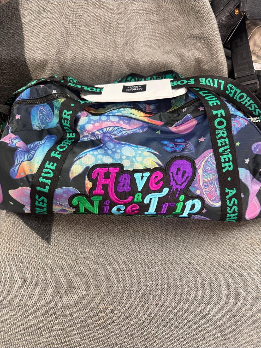 Have a Nice Trip Graphic Duffel Bag - Black with Neon Accent